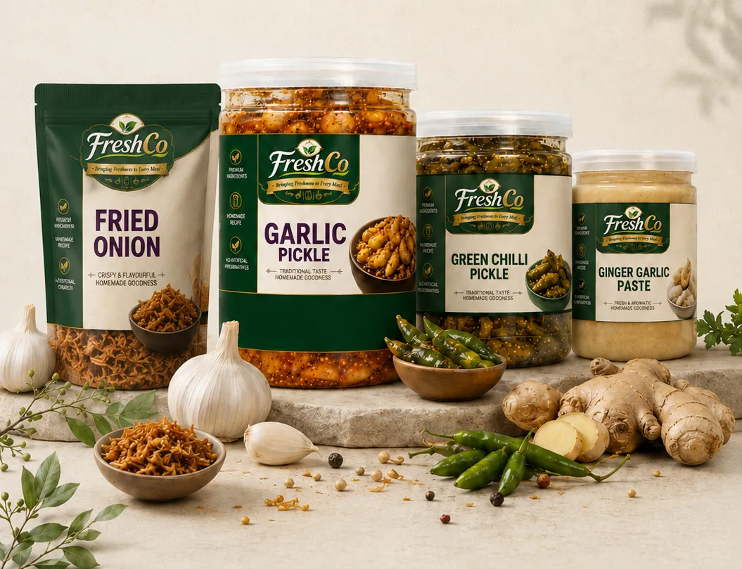 FreshCo Fried Onion, Garlic Pickle, Green Chilli Pickle and Ginger Garlic Paste with fresh garlic, ginger and green chillies